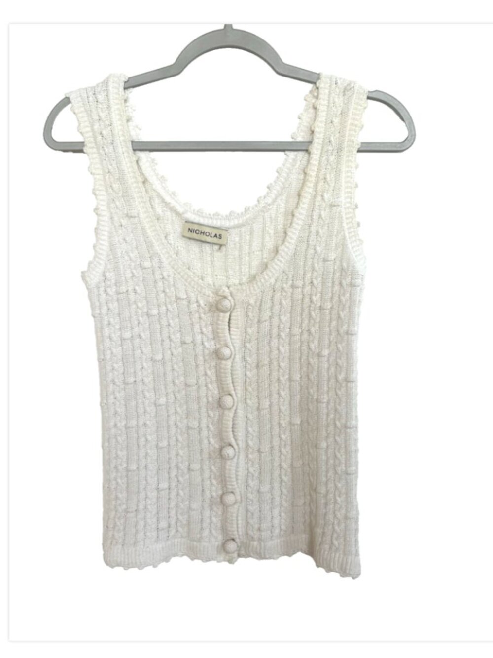 Nicholas Fine Knit Scoop Neck S/Less Top Cotton Blend White Front Buttons Sz M